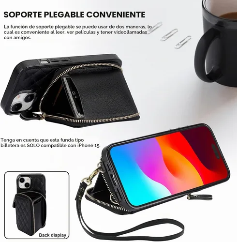Vista 6 de Bocasal Funda tipo cartera con bandolera para iPhone 15, de cuero PU con bloqueo RFID, con cierre de cremallera, cartera tipo bolso con función Negro