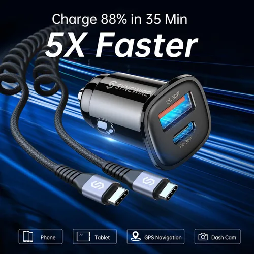 Vista 2 de Syncwire Cargador USB C para automóvil de 60 W [PD 30 W y QC 30 W] Adaptador USB de carga rápida con cable en espiral tipo C de 5FT compatible