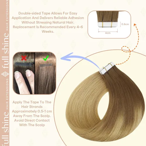 Vista 62 de Full Shine - Extensiones de cabello humano con cinta, mezcla de rubio hongo # 8 castaño ceniza resaltado 60 rubio ceniza