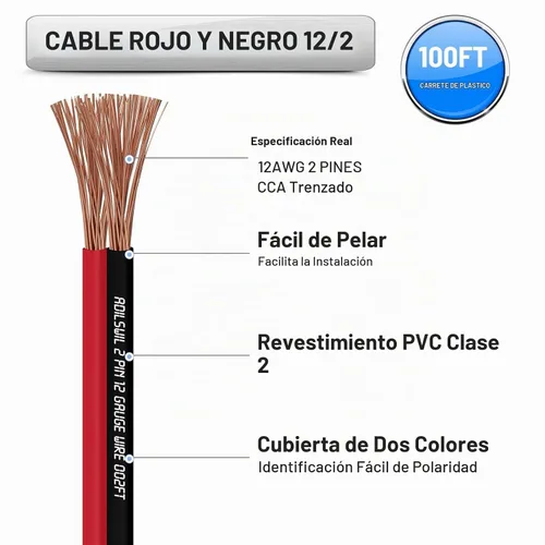 Vista 3 de Cable de altavoz de 12 AWG de 50 pies, 2 conductores eléctricos de conexión de cable rojo negro, tiras de iluminación LED, cable de extensión