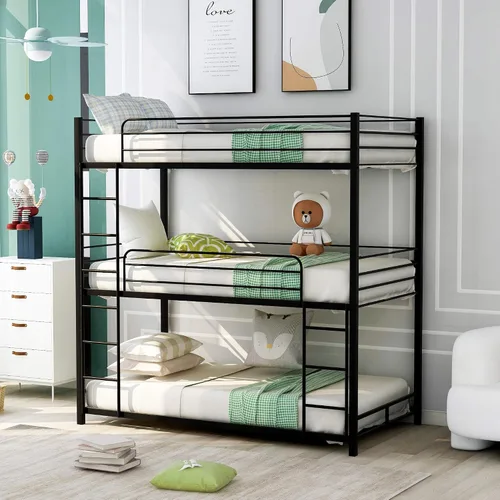 Vista 3 de Harper & Bright Designs Litera triple de metal individual sobre cama individual, litera baja resistente con barandillas de seguridad y escalera Negro