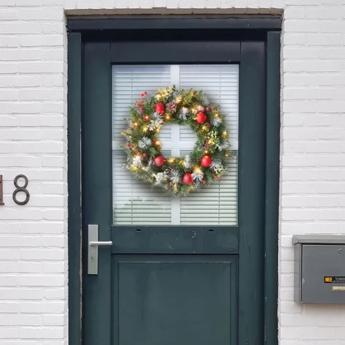Vista 3 de Ochine Corona de Navidad Artificial Preiluminada de 16 Pulgadas, Coronas de Navidad Iluminadas para Puerta Principal, Corona de Navidad