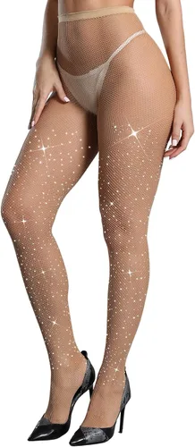 Vista 2 de CHRLEISURE - Medias con diamantes de imitación brillantes para mujer, mallas de red sexis y de cintura alta