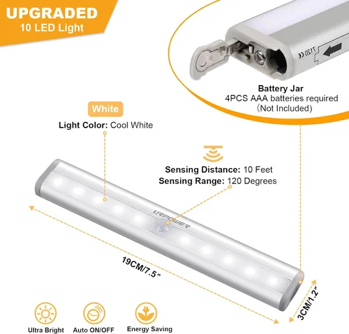 Vista 2 de URPOWER Luz con sensor de movimiento para interiores, luces de armario con sensor de movimiento, funciona con pilas, tira de luces magnéticas