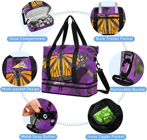 Vista 5 de Monarch Butterfly Flower Bolsa de viaje deportiva para hombres y mujeres, bolsa de gimnasio con compartimento para zapatos y correa para el hombro