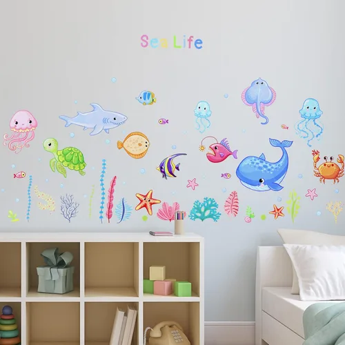 Vista 7 de 4 hojas de calcomanías de pared de vida oceánica debajo del pez marino, coloridas y extraíbles de criaturas marinas bajo el agua, medusas