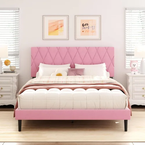 Vista 11 de CXVX Marco de cama tamaño completo con cabecera capitonada de diamante, cama plataforma tapizada en terciopelo y soporte de listones de madera, sin
