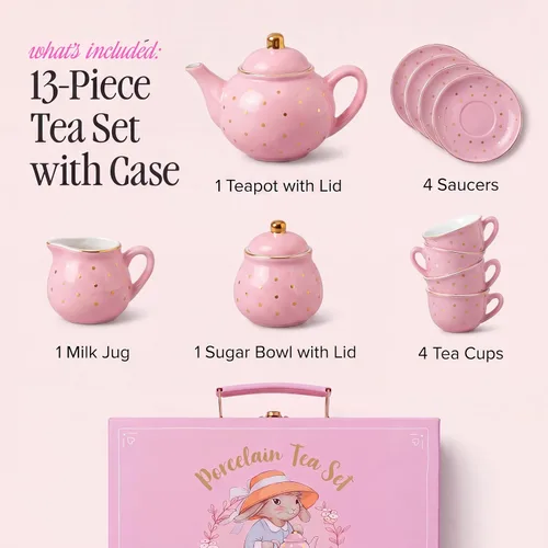 Vista 3 de Giggle & Honey® Juego de fiesta de té para niñas pequeñas, lunares dorados Rosa