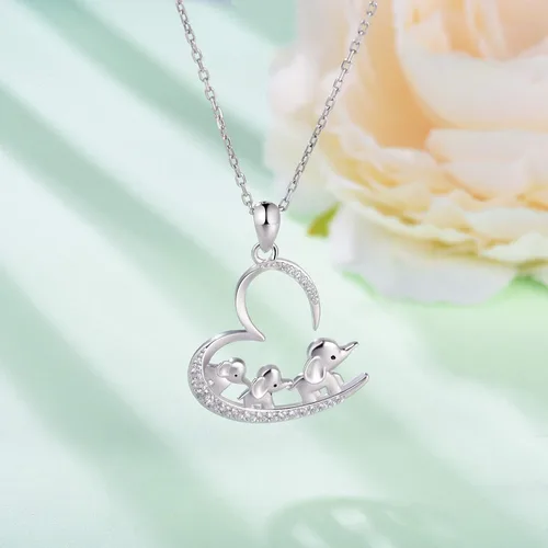 Vista 4 de Collar de plata de ley 925 con diseño de elefante, 3 elefantes, familia, para mamá e hija