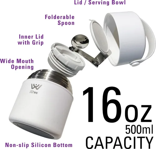 Vista 3 de Termo de comida de 16 onzas para comida caliente, para niños, con cuchara. Lonchera térmica pequeña de acero inoxidable 316L, a prueba de fugas