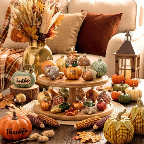 Vista 2 de Valery Madelyn 55ct Fall Ornaments Shatterproof Tree Decorations for Home Orange Green Scarecrow Pumpkin Ball Ornaments Farmhouse Hanging Decor for