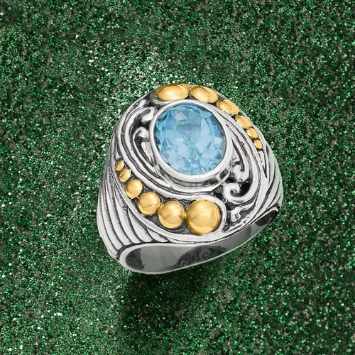 Vista 4 de Ross-Simons Anillo estilo Bali de topacio azul cielo de 3.50 quilates en plata de ley y oro amarillo de 18 quilates, Gema, Topacio