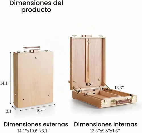 Vista 2 de ARTIFY Caballete de mesa ajustable de haya para pintar, caballete de caja de bocetos de madera, caballete de artista de escritorio para dibujar