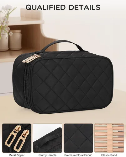 Vista 3 de Relavel Bolsa de maquillaje pequeña para mujer y niña, bolsa de maquillaje y brochas portátil de 2 capas, organizador de brochas de regalo de Navidad