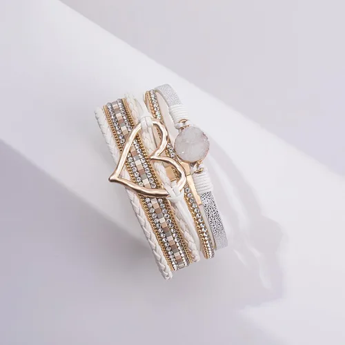 Vista 7 de FANCY SHINY Pulseras de cuero con forma de corazón, apilables, bohemias, pulseras de diamantes de imitación de resina de moda con cierre magnético