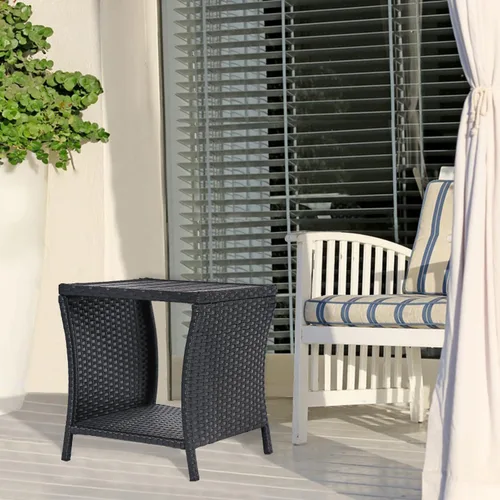 Vista 4 de Mesa auxiliar de patio al aire libre, pequeña mesa auxiliar de mimbre negro para almacenamiento exterior, mesa de centro con mesa de madera