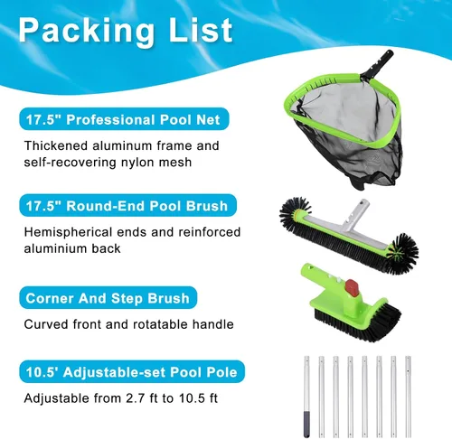Vista 3 de Kit de limpieza de piscina de lujo que incluye red profesional para desnatar hojas, cabezal de cepillo de piscina de 17.5 pulgadas, cepillo