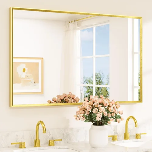 Vista 62 de TETOTE Espejo de baño dorado cepillado de 20" x 30", espejo de tocador de baño rectangular de latón dorado cepillado con marco biselado para sobre