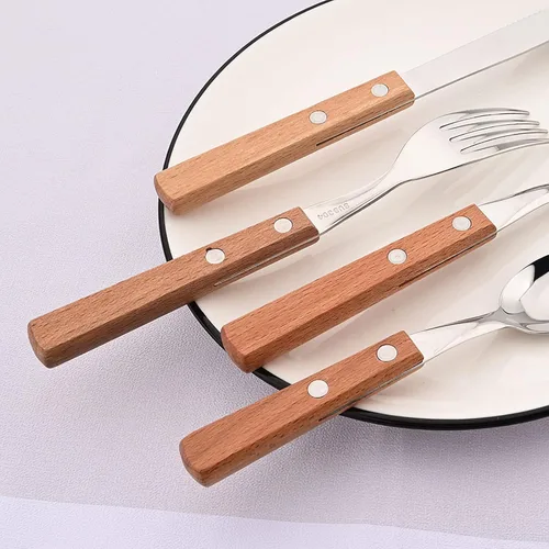 Vista 4 de Juego de cubiertos de acero inoxidable 304 de 8 piezas, mango retro de madera, juego de utensilios de vajilla para fiesta, incluye cuchillo Marrón