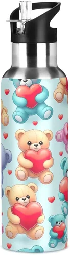 Vista 8 de Insulated Water Bottle 32 Oz, BPA-Free Sports Water Bottle with Straw for Gym Outdoor Travel School, Cute Bears Red Hearts