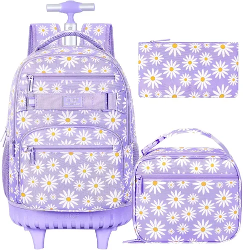 Vista 9 de Mochila con ruedas para mujeres, niñas, mochila escolar Crisantemo Negro