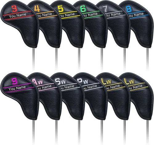 Vista 10 de CRAFTSMAN GOLF 12 piezas o 1 pieza de fundas para cabezas de palos de golf de cuero negro, con número de colores bordado para Callaway, Ping