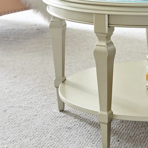Vista 5 de Mesa de té para sala de estar, mesa de centro redonda de madera moderna con tallado calado y parte superior de cristal, 31.4/39.3 pulgadas, elegante
