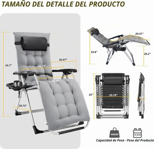 Vista 3 de Tumbonas prémium para exteriores, silla de gravedad cero de gran tamaño Acolchado Gris