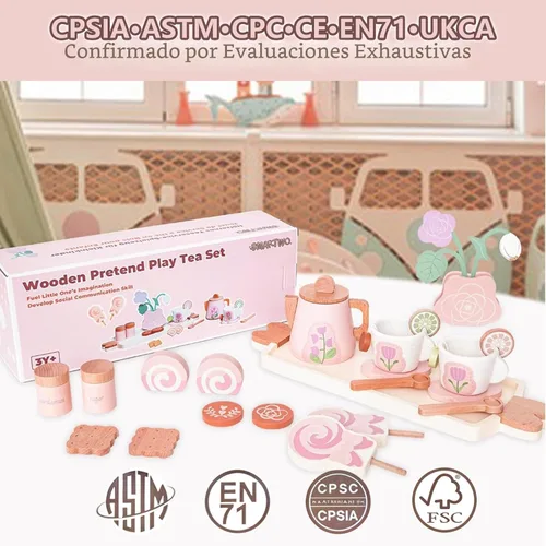 Vista 6 de Juego de té de madera para niñas pequeñas, juguete de juego de té con 27 piezas de accesorios de cocina de simulación, juguete de té de princesa