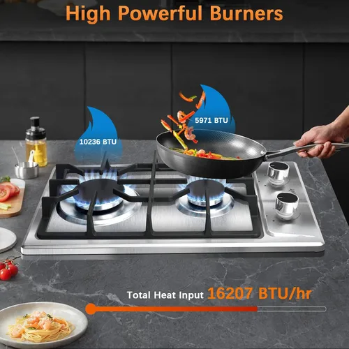 Vista 2 de Cocina de gas de 2 quemadores de propano - Estufa de gas de acero inoxidable de 12 pulgadas para combustible dual LPG/GN, quemador de gas portátil