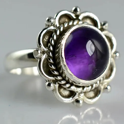 Vista 5 de Navya Craft Anillo de amatista, plata de ley 925, anillo de promesa para mujer, piedra preciosa redonda de amatista natural, joyería hecha a mano