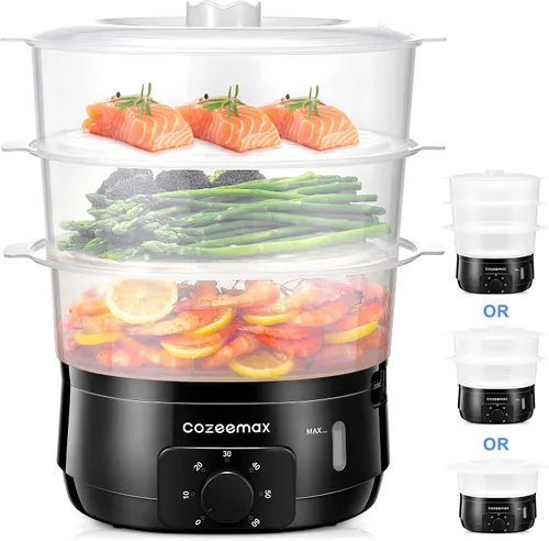 Vista 10 de Vaporizador eléctrico de 3 niveles para cocinar, vaporizador de verduras de 13.7 cuartos de galón para cocción simultánea rápida, vaporizador