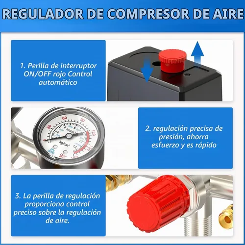 Vista 6 de MEANLIN MEASURE Válvula de control del interruptor de presión del compresor de aire 90-120 PSI 110V-240V Piezas de repuesto con manómetro de presión