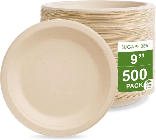 Vista 13 de Bagasse Platos redondos, desechables, de fibra de caña de azúcar natural (bambú), de 9 pulgadas, ecológicos, que pueden transformarse en abono.