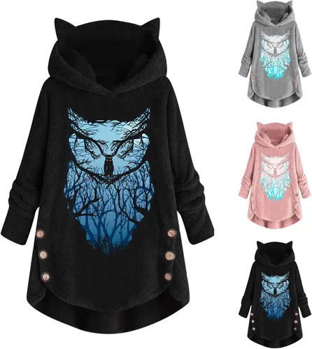 Vista 4 de LFEOOST Sudaderas con capucha de moda para mujer, estampado gráfico de búho, manga larga, botones, orejas de gato, sudaderas sueltas y cómodas