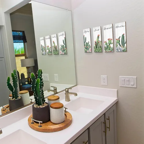 Vista 5 de Amyhill 4 piezas de decoración de pared de cactus Relax Soak Unwind Breathe - Decoración de pared de cactus de madera para colgar en la pared