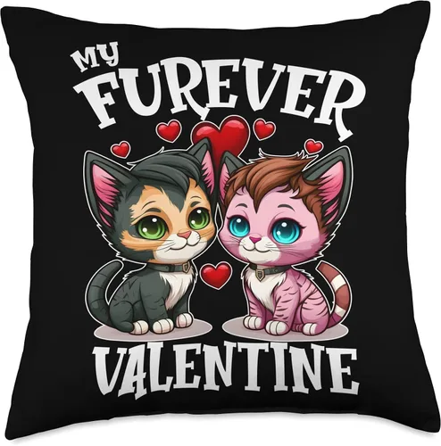 Vista 4 de My Fur-Ever Valentine Anime Valentine's Day Girls Cute Cat Throw Pillow