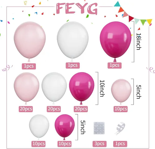 Vista 2 de Kit de arco de globos rosa y blanco, kit de guirnalda de globos de 100 piezas con globos rosa intenso, globos de látex blanco para niñas, niños