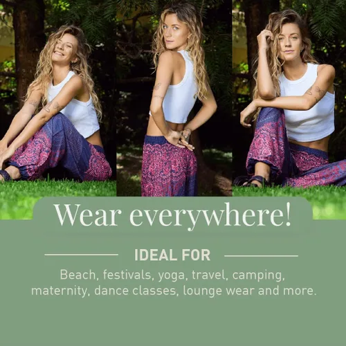 Vista 4 de Happy Trunks Pantalones harén para mujer, pantalones de yoga con bolsillos (S-XXL) ropa hippieropa bohemia para mujersala de playa