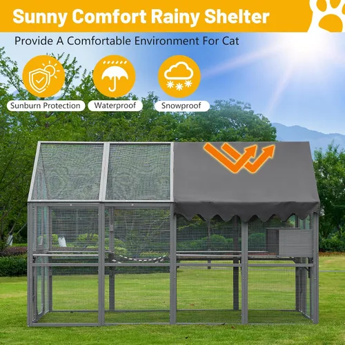 Vista 5 de Catio grande de madera para exteriores de 110 pulgadas, recintos para gatos al aire libre, cubierta resistente a la intemperie, dos puertas
