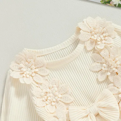 Vista 4 de Mameluco para bebé recién nacido, manga larga, con volantes, vestido floral 3D, ropa de otoño