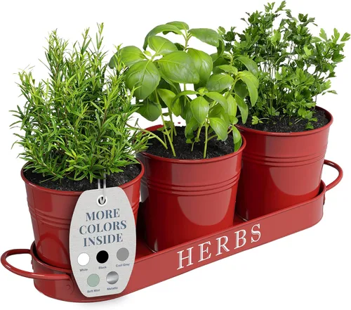 Vista 10 de Barnyard Designs - Juego de macetas para jardín de hierbas de interior con bandeja, macetas de metal para alféizar con drenaje para plantas de Negro