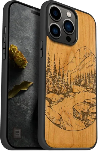 Vista 11 de Carveit Funda magnética de madera para iPhone 14 Pro Max [madera natural y TPU suave negro] Funda protectora de madera única y elegante a prueba