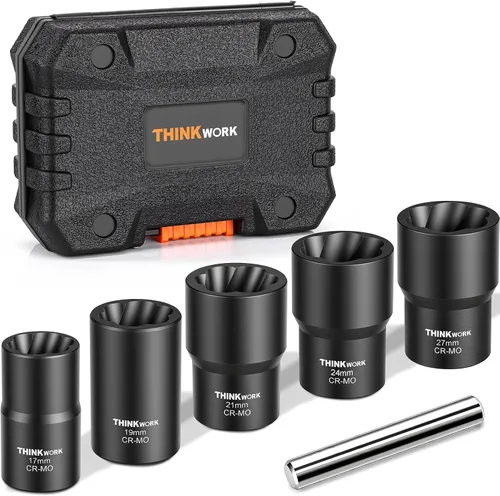 Vista 8 de THINKWORK Herramienta de extracción de tuercas de rueda de 1/2 pulgada, kit de extracción de bloqueo de rueda de 5 piezas, removedor de tuercas