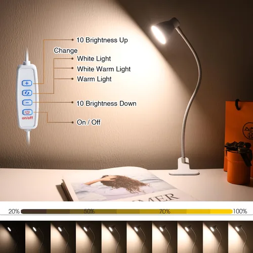 Vista 3 de Lámpara de lectura con clip de CeSunlight, lámpara de abrazadera para escritorio, 3000 – 6500K, temperatura de color ajustable, 6 modos