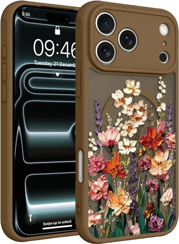 Vista 74 de Magnético para iPhone 13 con protector de pantalla [Compatible con MagSafe] Diseño de patrón floral de flores bonitas, funda delgada a prueba