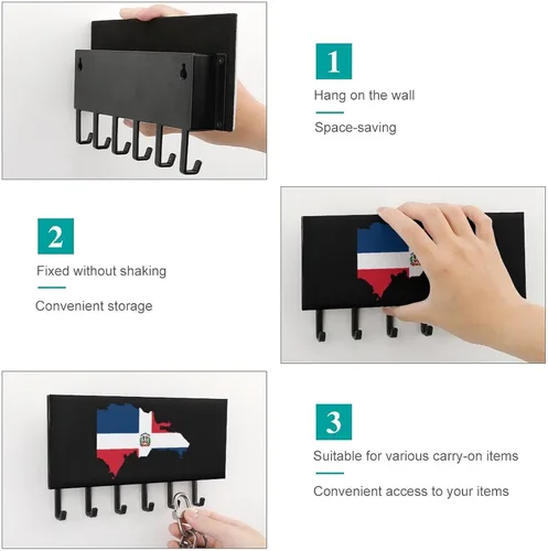 Vista 5 de Llavero de bandera de mapa de República Dominicana para pared, colgante de llaves decorativo con 5 ganchos para oficina en casa
