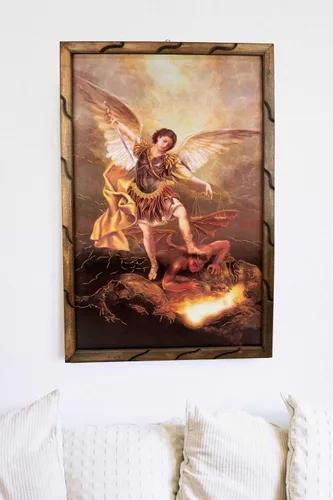 Vista 4 de Mrcjsales: Arcángel de San Miguel, imagen dorada en marco rústico, pintura al óleo, 24 x 36 pulgadas, 13 x 18 pulgadas, 10 x 12 pulgadas, imagen