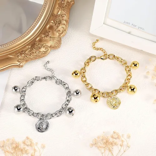 Vista 5 de Pulsera gruesa de oro para mujer chapado en oro de 14 quilates, con cierre de bola, moneda, medallón redondo, simple, moderno, apilable, a la moda
