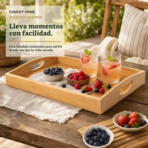 Vista 6 de Comfify Bandejas de bambú para servir, juego de 3 bandejas otomanas para alimentos, entretenimiento y decoración, diseño minimalista